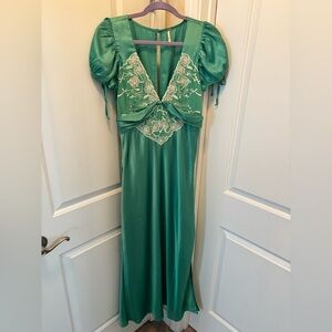 Free People Green Satin Dress with Lace Embroidery